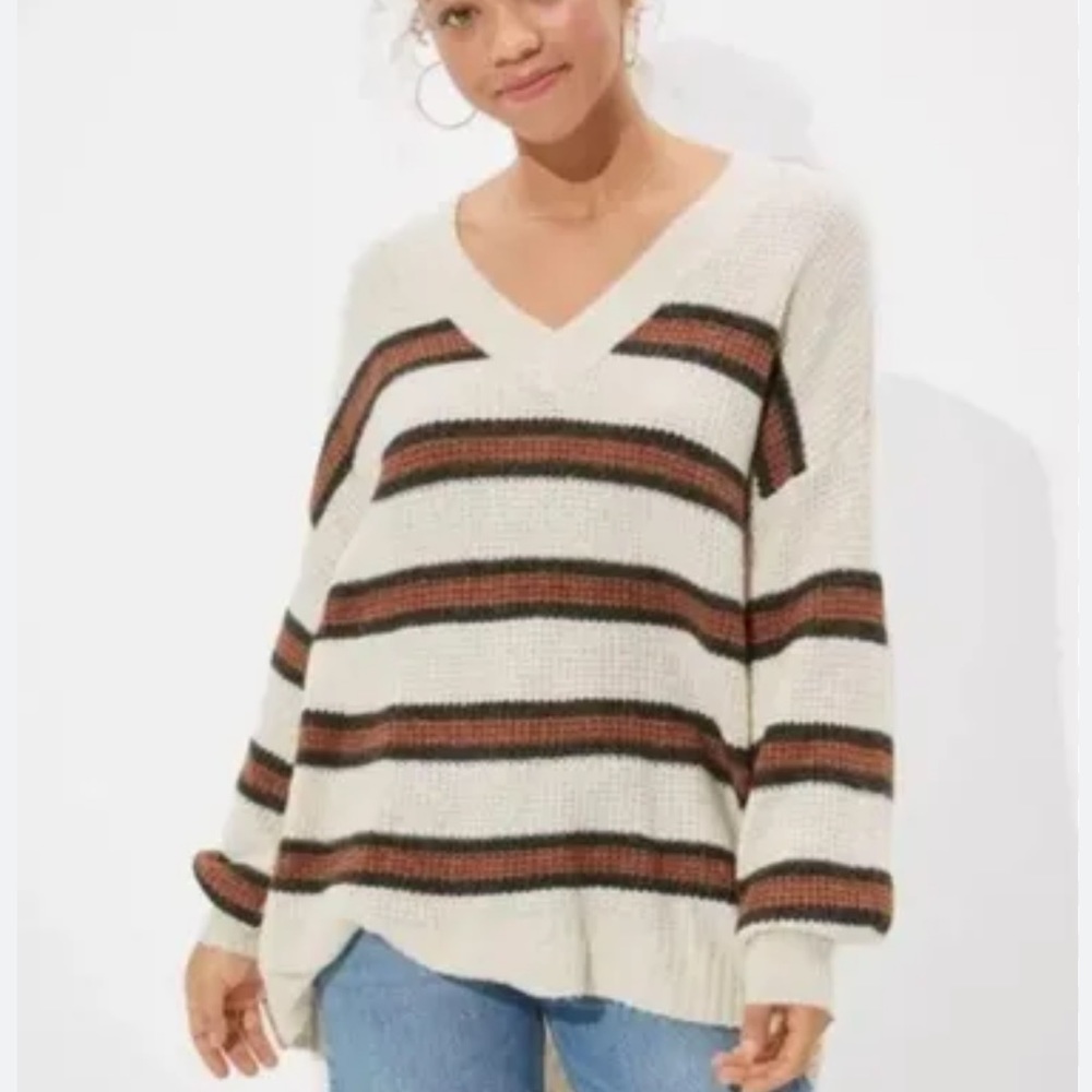 American Eagle - Cream/Burnt Orange Knit V-Neck Long Sleeve Sweater